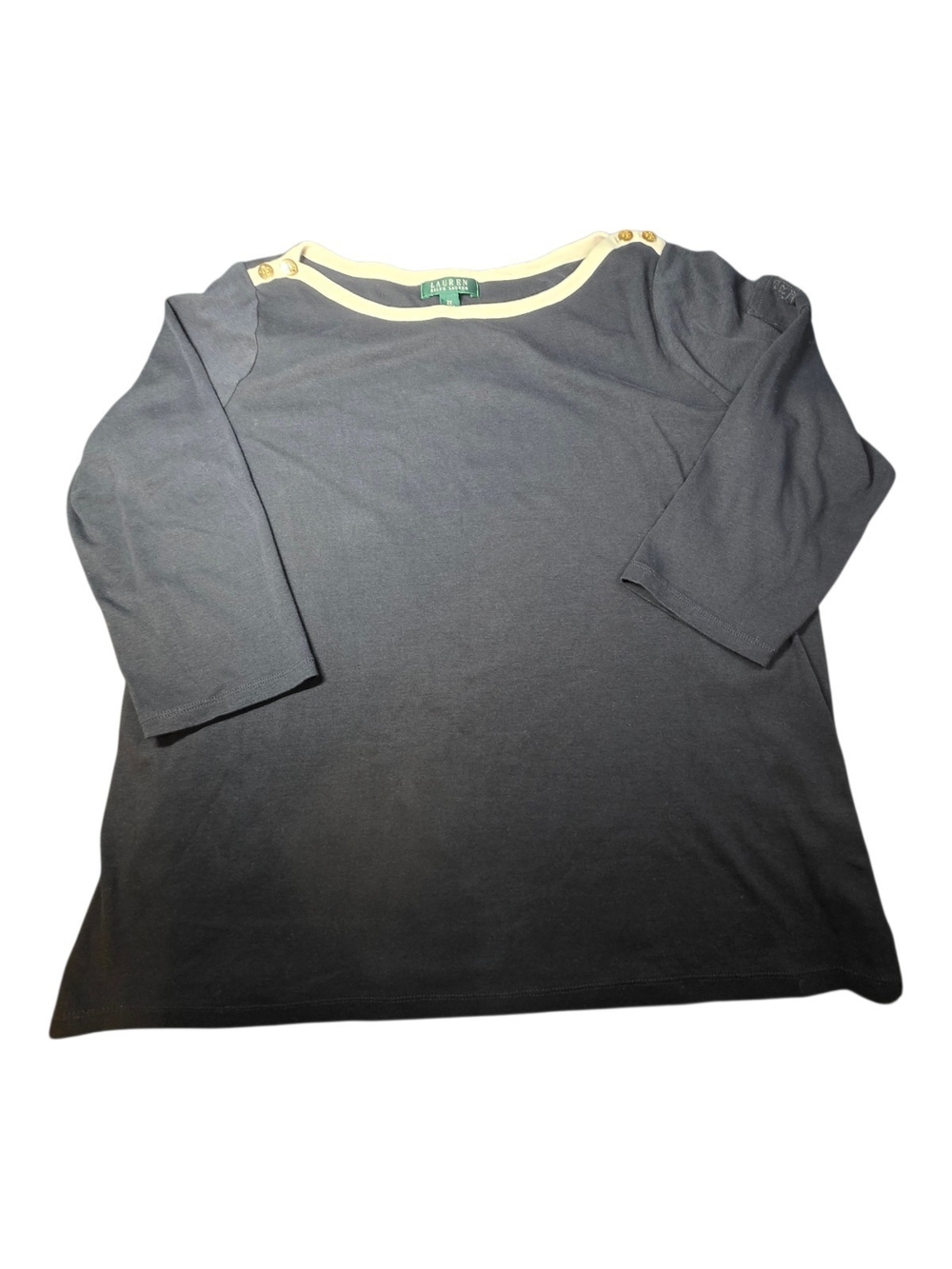 LAUREN Ralph Lauren Black Boat Neck Top Gold Shoulder Buttons Piping Plus 2X